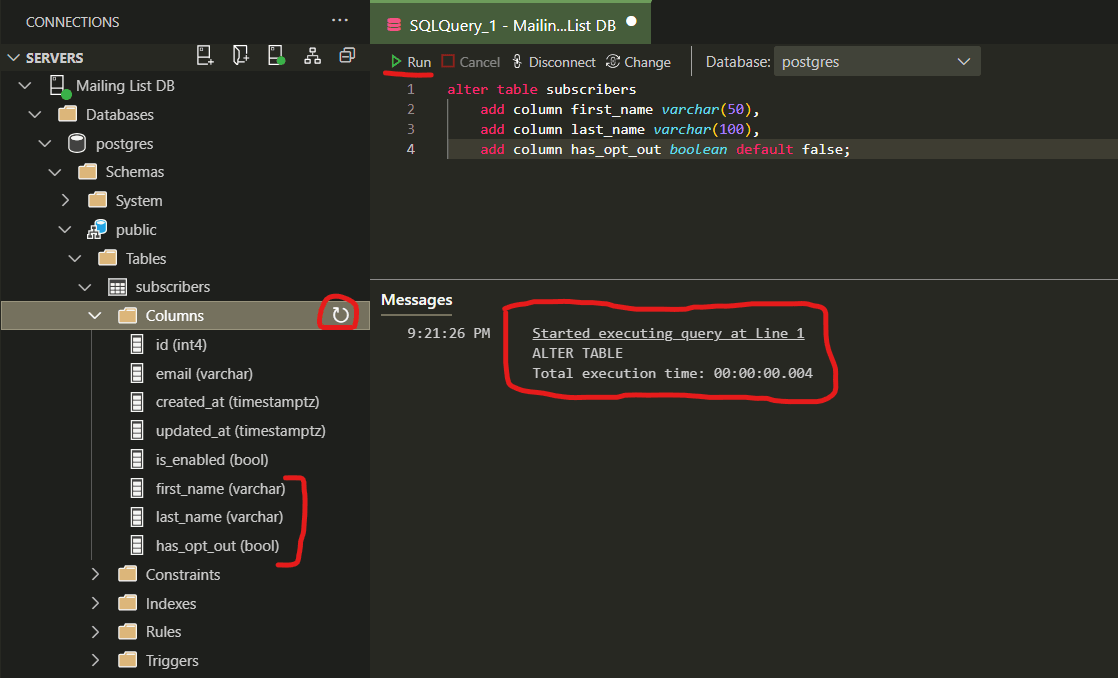 Executing the alter query on the subs table in PostgreSQL