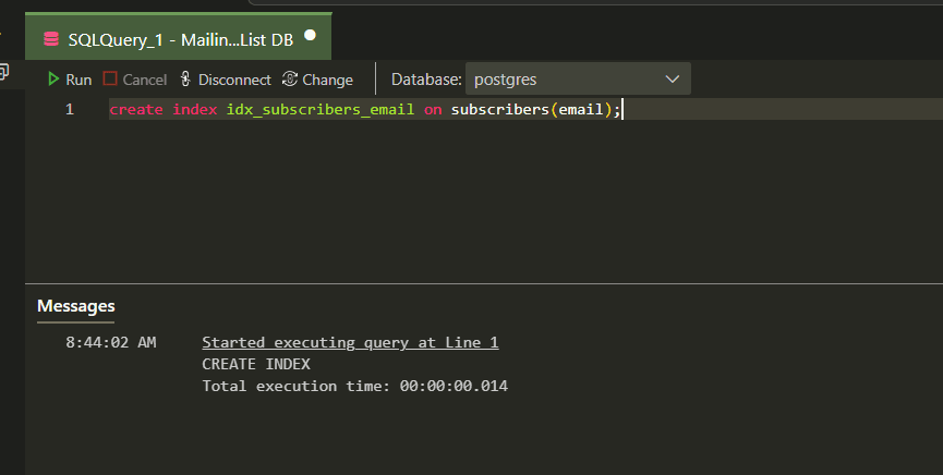 Creating an index on the email column