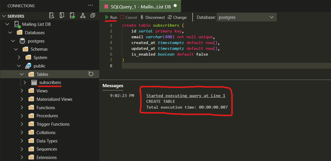 Create subs table query in PostgreSQL