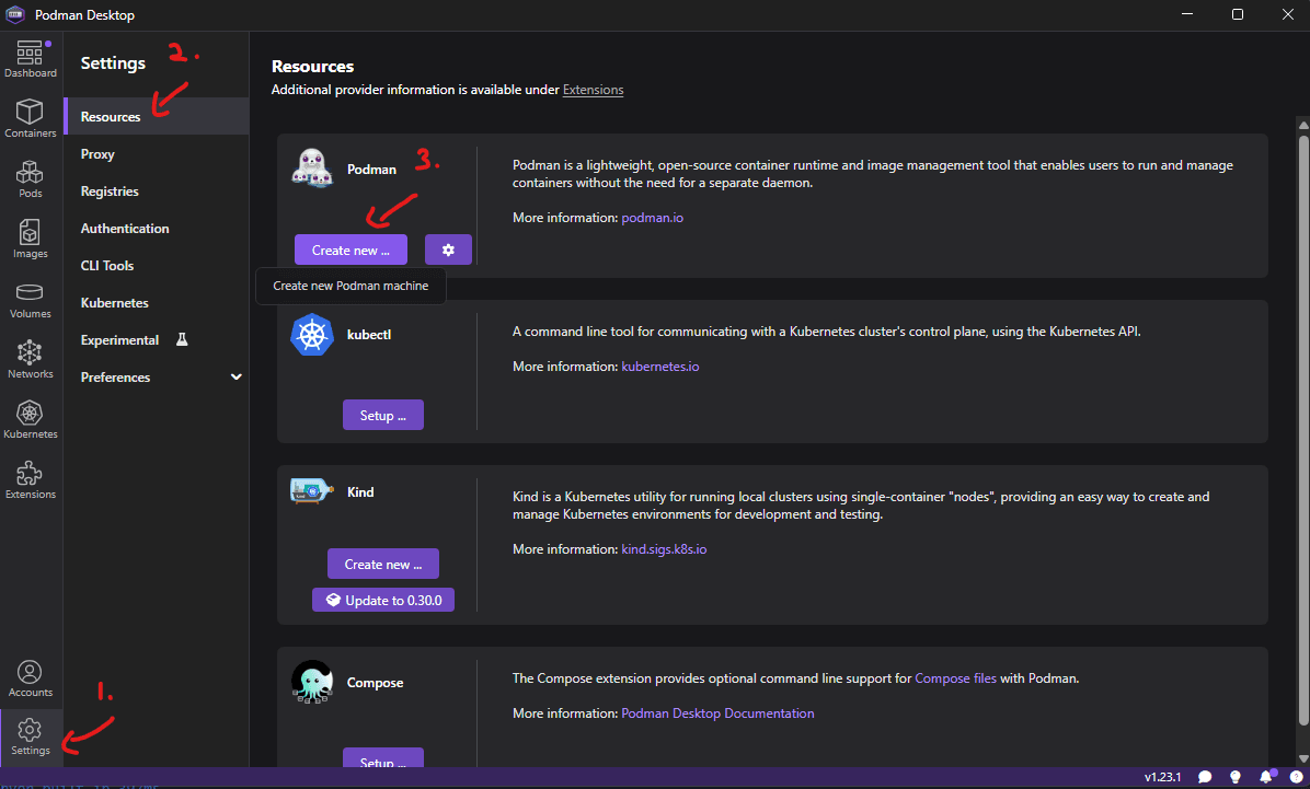 Podman create machine page overview