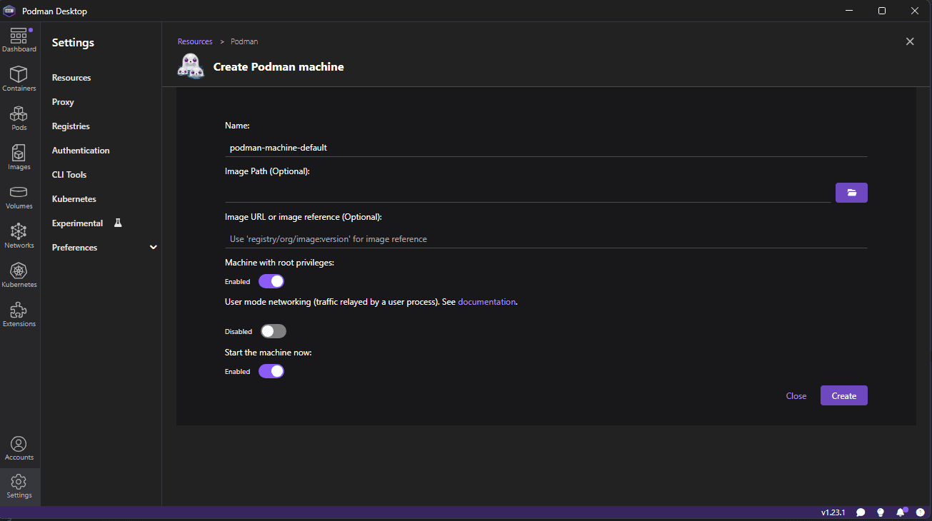 Podman create machine settings overview