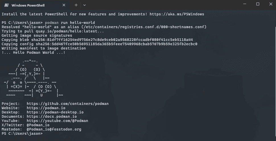 Powershell run podman hello-world container