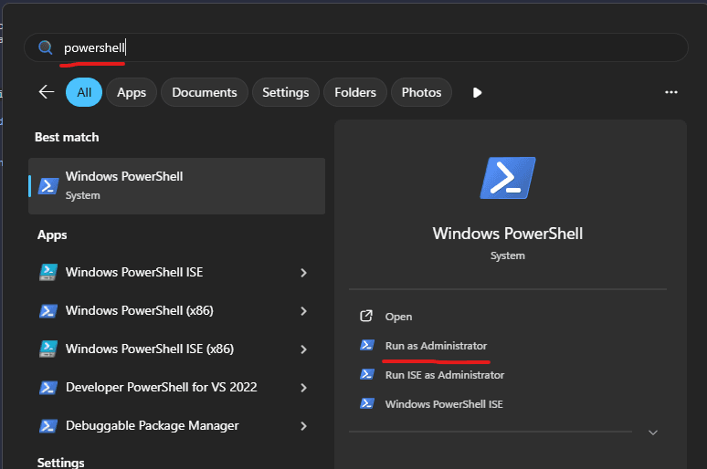 Launch powershell as administrator