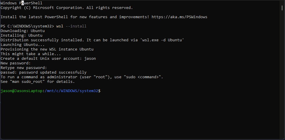 Result from installing WSL for Podman